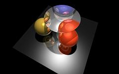  Four spheres and a plane. Reflections, refractions, soft shadows, adaptive antialiasing and a notion of translucency. Widescreen format. Larger resolution renderings available upon request.